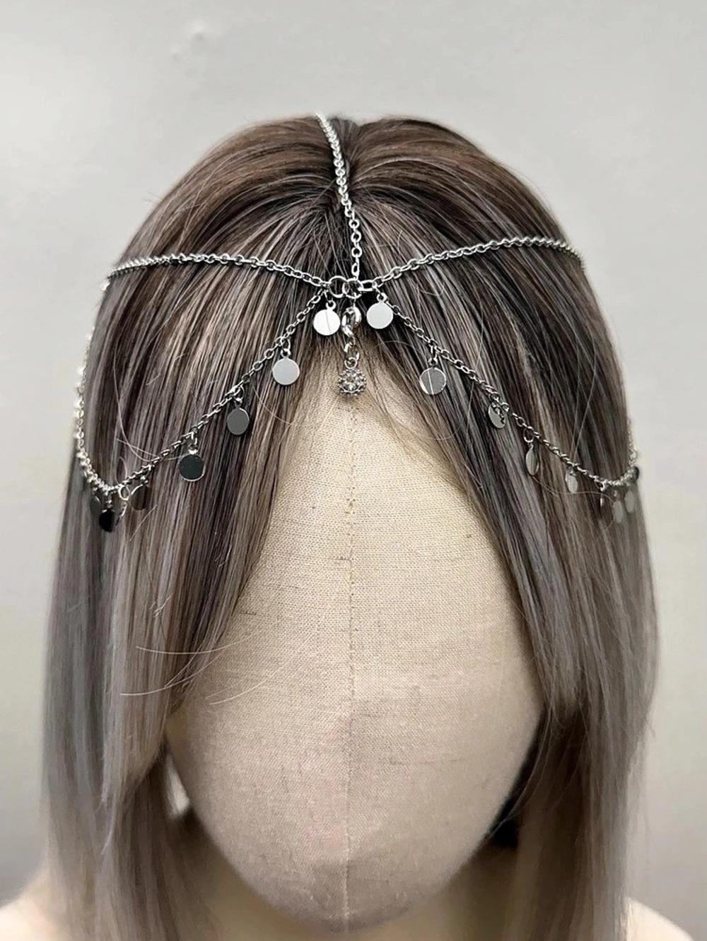 Silver Draped Head Chain Disc Sequin Crystal Boho Festival Hair Jewelry